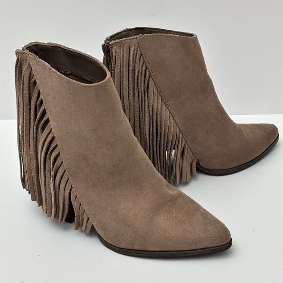 Candie's Taupe Suede Fringe Block Heeled Pointed Toe Ankle Boots Womens Size 7.5 - Picture 3 of 11